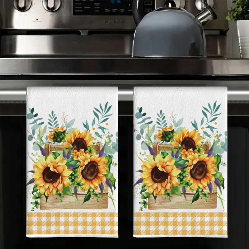 2Pcs, Sunflower Wooden Basket Kitchen Towels, 40Cm*60Cm Towel Set, Best Kitchen Towels, Super Absorbent Soft Cleaning Cloth, Cooking and Baking Tea Towels, Hand Towels, Cleaning Cloths, Dishcloths, Kitchen Decor, Living Room Decorations, Kitchen Essentials, Home Essentials