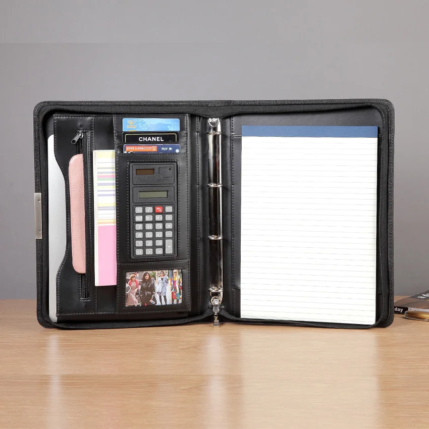 Multifuction A4 PU leather padfolio manager bag with zipper calculator ring binder portfolio documents folder case organizer