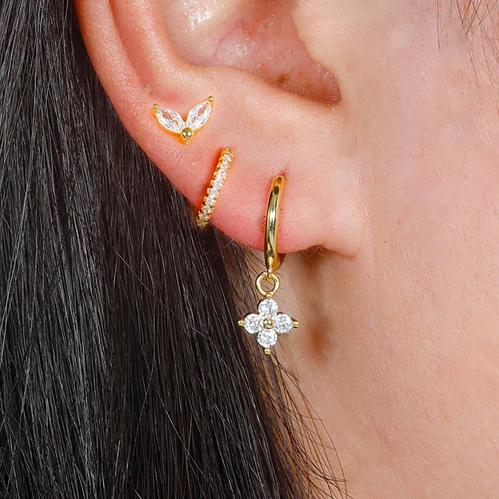 3PCS Flower Pendant Hoop Earrings Set For Women Vintage Stainless Steel Cubic Zirconia Cartilage Piercing Earring Trend Jewelry