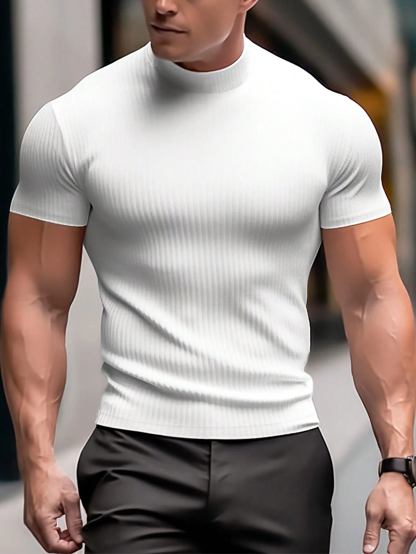 

Men's White Ribbed Mock Neck Short Sleeve Pullover, Slim Fit for Summer Casual Wear