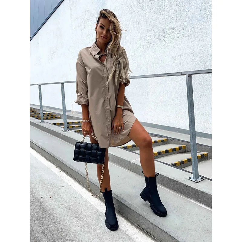 

Women's solid color button up front shirt dress - spring and autumn casual long sleeved lapel dress