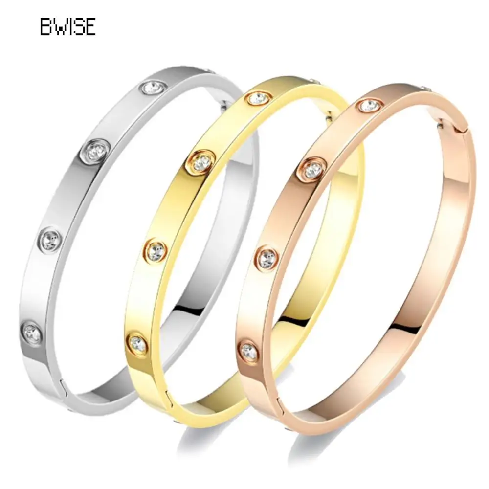 Bwise Stainless Steel Bracelets Woman Bangle Bangles for Woman Golden Love Crystal Wedding Feminina Luxury Jewellery Gifts