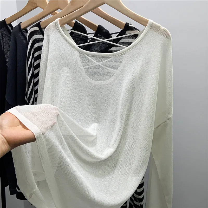 Striped Knitted Sunscreen T-Shirts Women Round Neck Long Sleeve Loose Hollow Out Backless Smock Tops Spring Summer Thin Tees