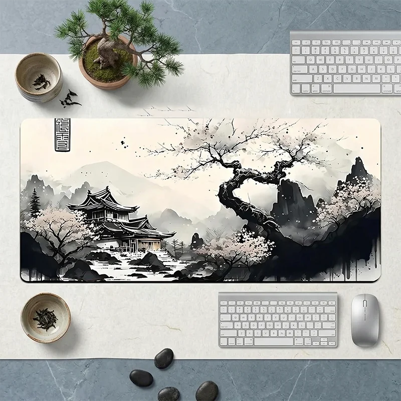 

Traditional Chinese Ink Landscape Tablecloth Mouse Pad Zen Desk Mat Sakura Cherry Blossom Keyboard Pad Office Setup Accessories