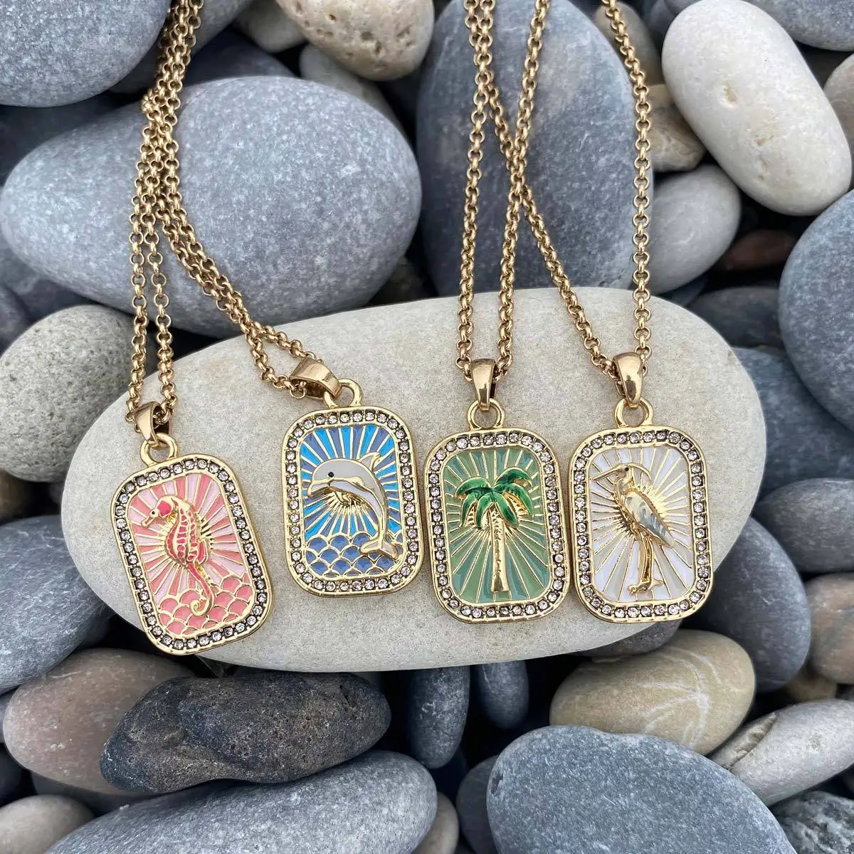 Ocean Elements Multi-color Enamel Marine Life Zircon Tarot Card Necklace UNISEX Seaside Vacation Collarbone Chain