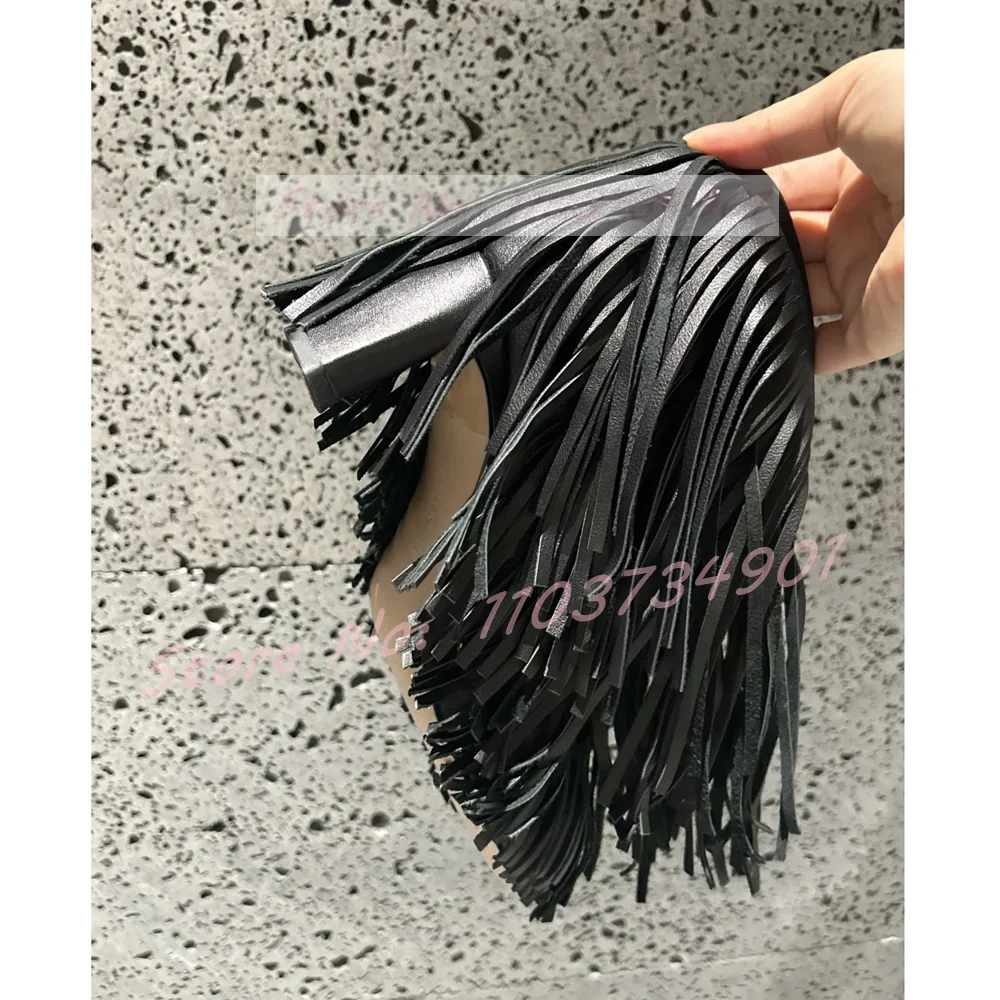 Tassels Black Short Boots Women Nightclub Punk Sexy Round Toe Slip-On High Heels Boots Ladies Party Fashion Nifty Stiletto Shoes