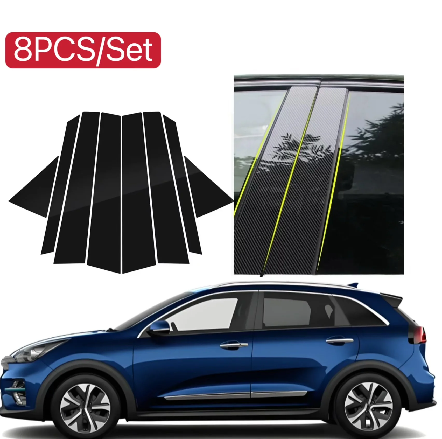 

8pcs Glossy Black Pillar Post Fit For Kia Niro 2016-2021 Silver Car Window Door Column BC Mirror Effect Cover Trim Car Stickers