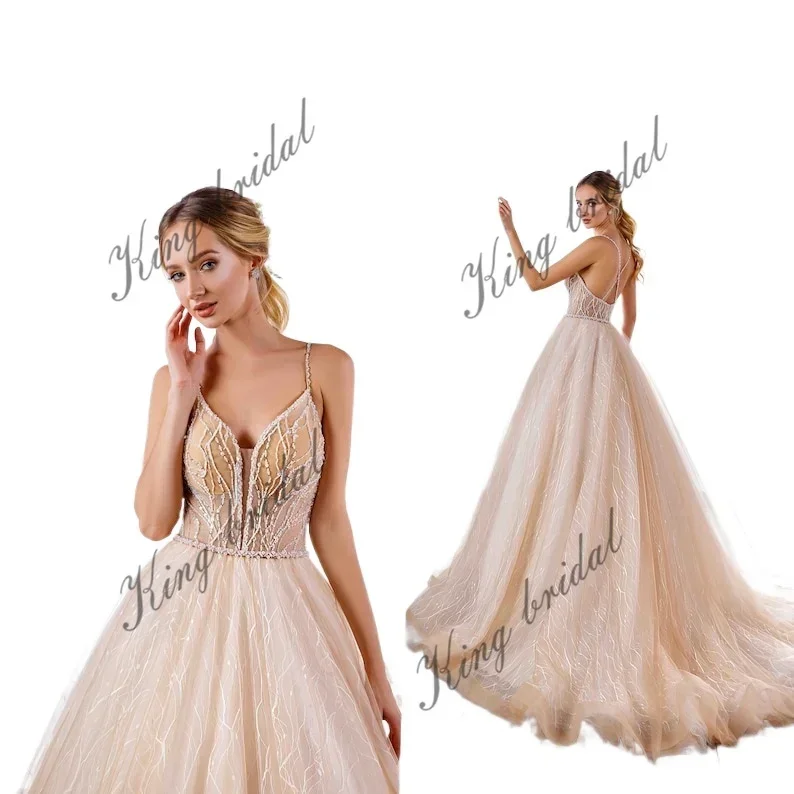 Gaun Pengantin Sederhana Gaun Pengantin Bordir Kristal Gaun Pengantin Model A-Line Berbahan Lace Tanpa Punggung Warna Nude Gaun Pengantin Custom