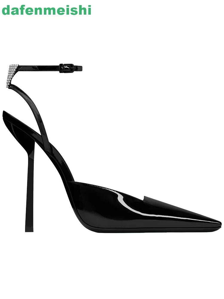

Crystal Ankle Strap Women Sandals Black Patent Leather Fashion Sexy Pumps Thin Heel Pointed Rhinestone Back Strap Bling Shoe