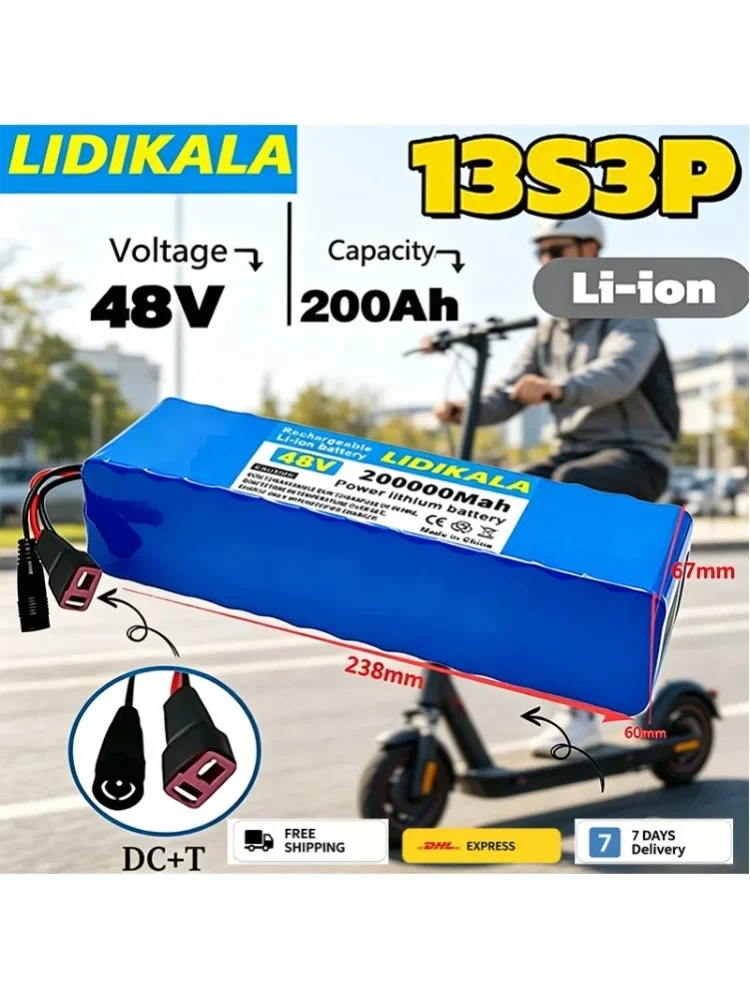 48V 200Ah 2000W 13s3p 48V 18650 Li-Ion Batteriepack für 54,6V Elektroroller mit BMS, 54,6V Ladegerät und Backup-Batterie