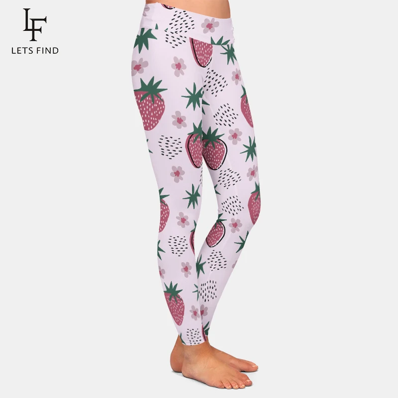 Letsfind moda frutas impressão morangos e flores brancas padrão calças femininas de cintura alta aptidão elástica leggings