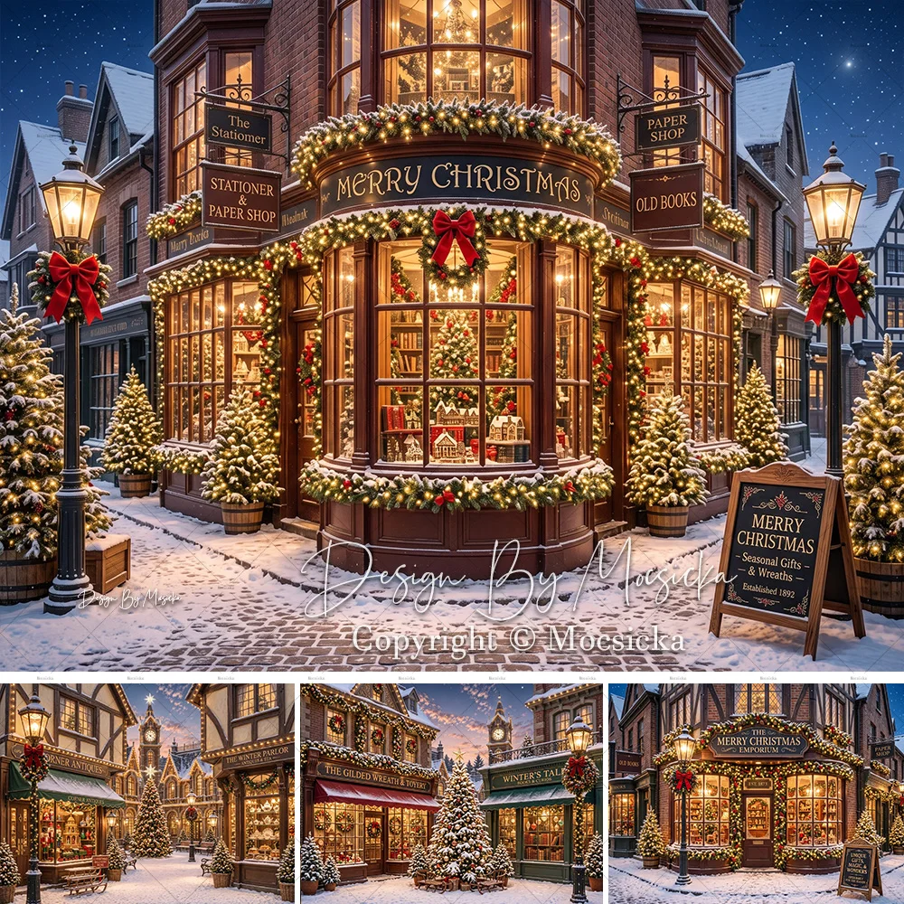 Mocsicka Weihnachtsnacht-Stadtlandschaft Hintergrund für Fotografie, Verschneite Weihnachtsgeschenke, Laden-Ecken-Hintergrund, Familien-Winter-Weihnachts-Außenfotografie
