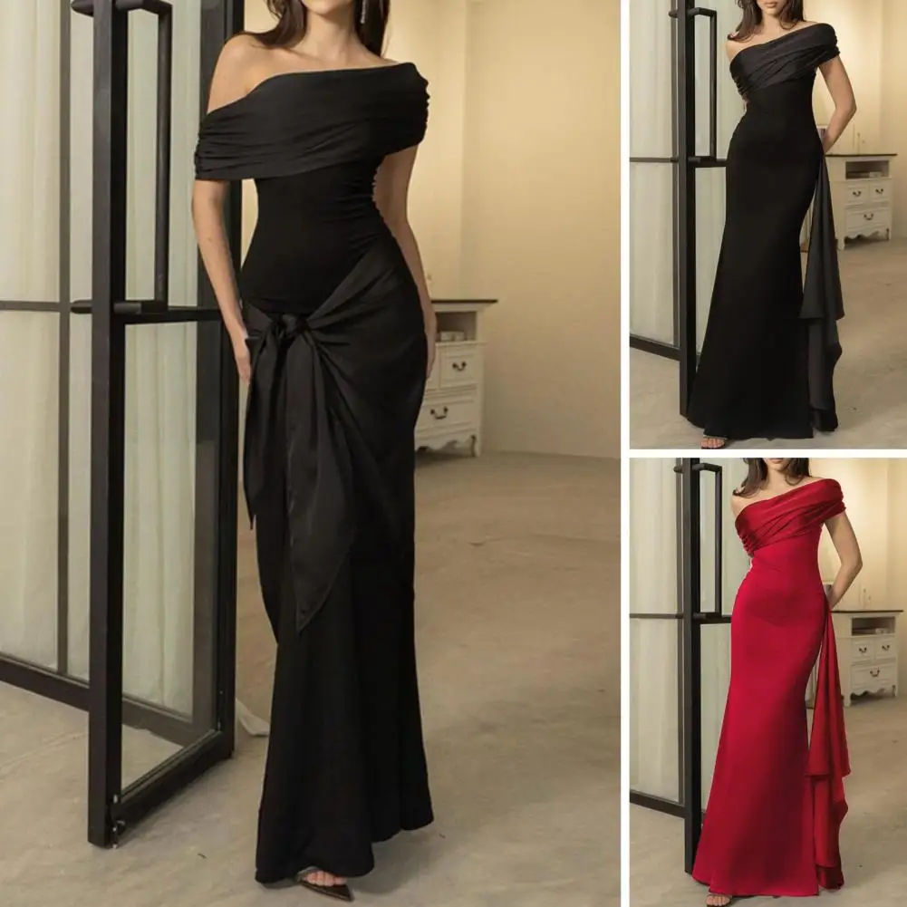 

Waist Tie Dress Elegant Off-shoulder Maxi Dress with Lace-up Sash Detail for Prom Summer Parties Slant Neck Evening Gown Solid