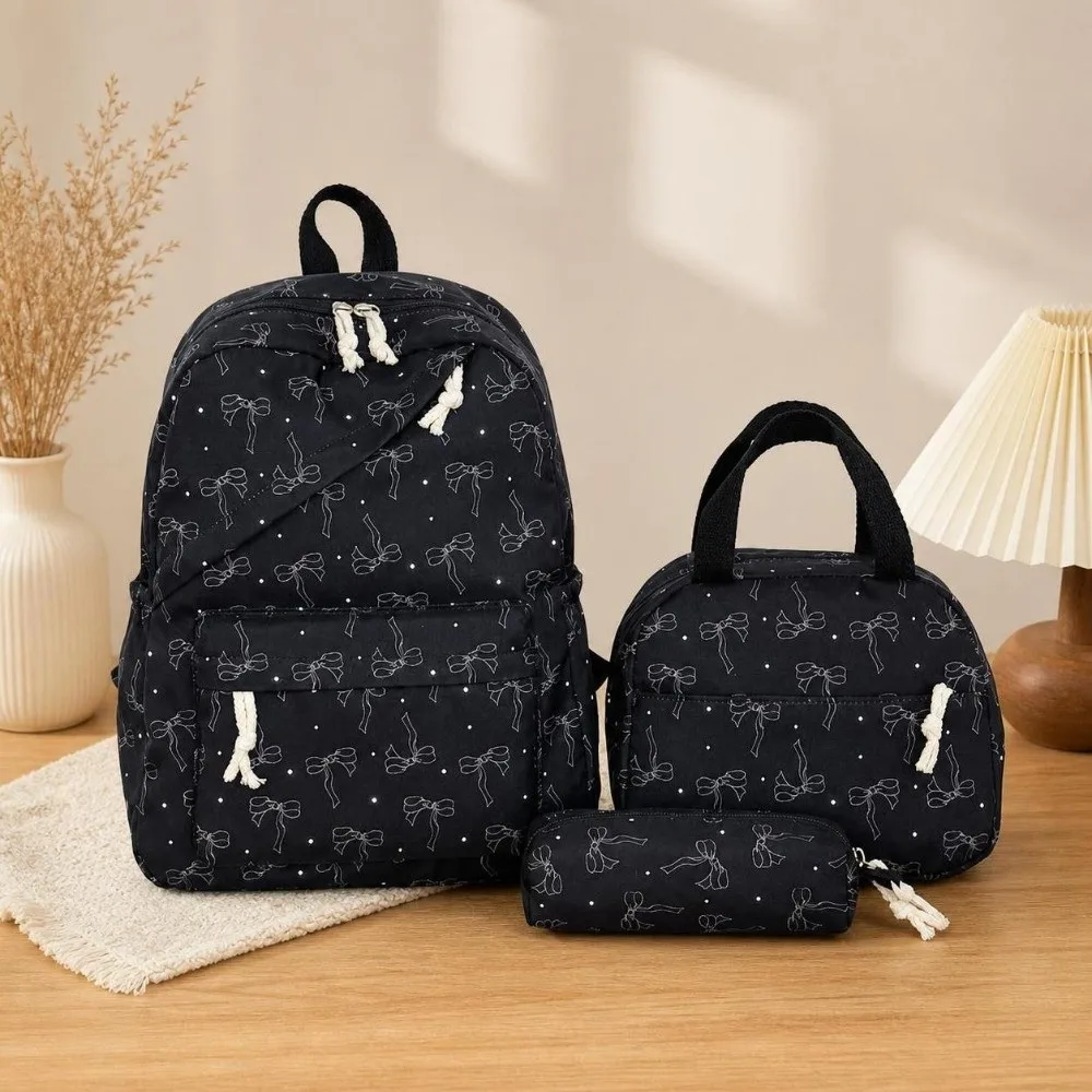 3PCS Bow Print Backpack,lunch Bag,Pencil Case Set Lightweight Multicolor Schoolbag Set Portable Sweet Student Rucksack Set