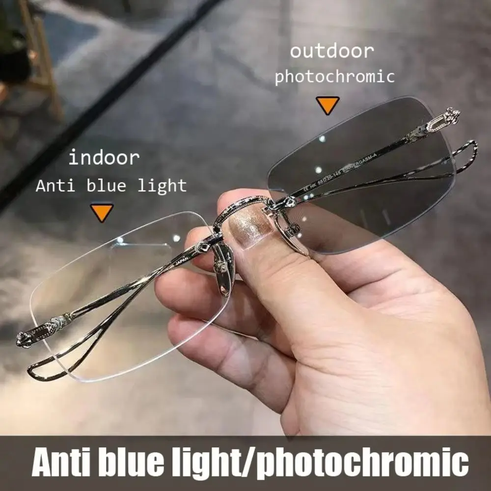 Small Rectangular Frame Anti Blue Light Photochromic Glasses Women Mental Vintage Rimless Color Change Eye Protection Spectacles