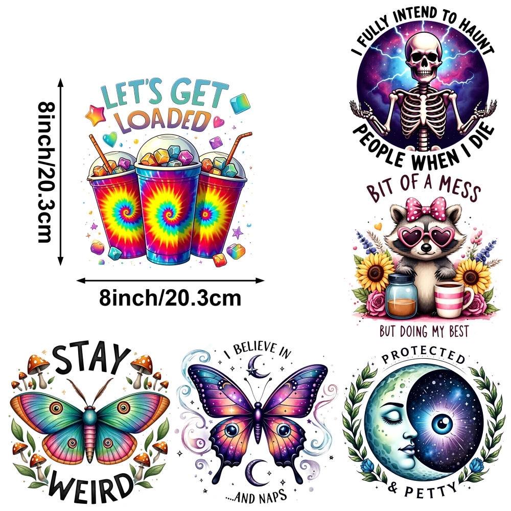 6 Pcs Skeleton Haunt Iron on Transfers Easy to heat press decals for clothing, T-shirts, jeans, backpacks, hats, pillows.