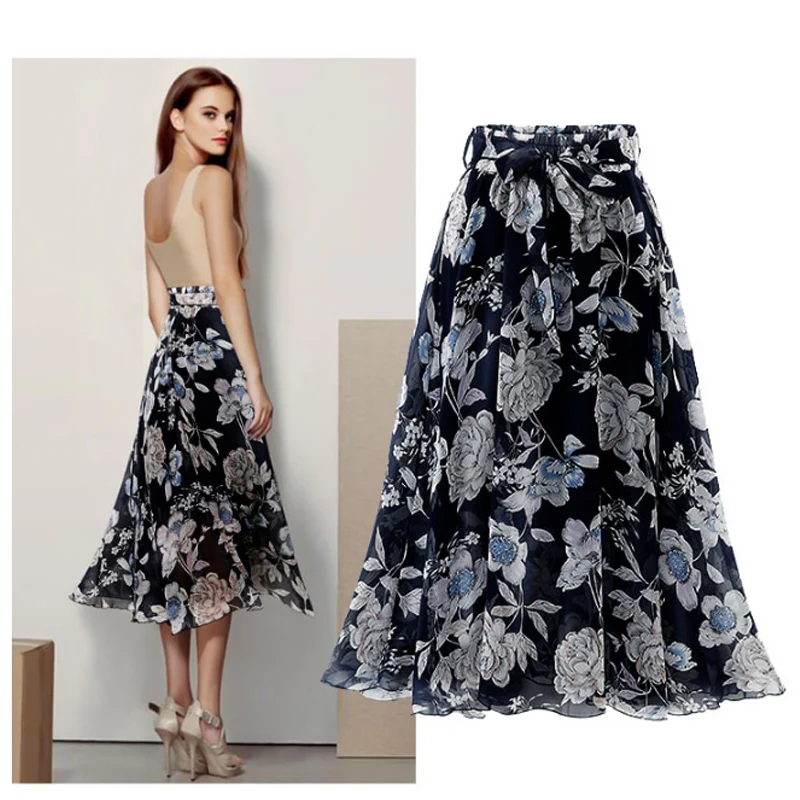 L-5X 3Colors Flower Geometry Laced Elastic Waist Long Skirt With Lining Fairy Gentle Chic Women Summer Spring Autumn Dress