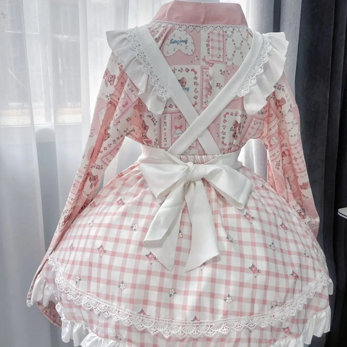 NONSAR Pink Kawaii Lolita Skirt Sets Women Japanese Sweet Cute Bear Print Flare Sleeve Shirt Bow Apron Plaid Skirt Maid Set