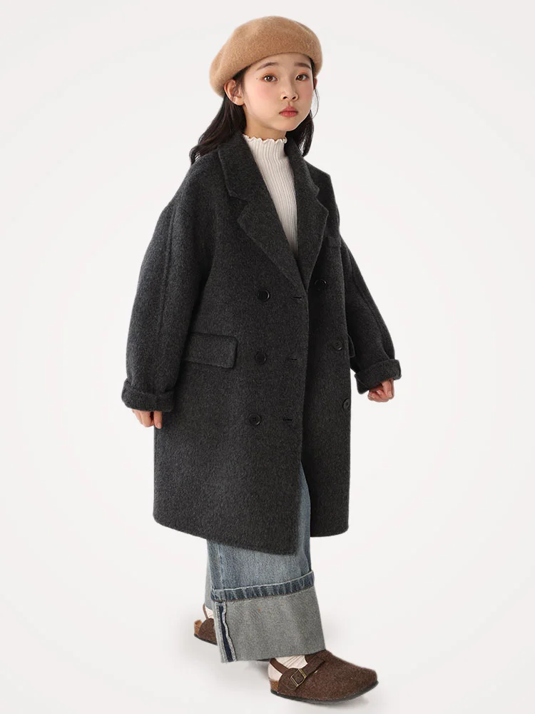 Children 100 Pure Wool Double Breasted Coat Unlined Long Overcoat Classic Winter Coat Relaxed Fit Outerwear Minimalist Dark Grey