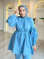 Women Eid Muslim Sets Two Pieces Musulman Ensemble Dubai Arab Single Breasted Blouses Wide Leg Pants Solid Color Belt Button