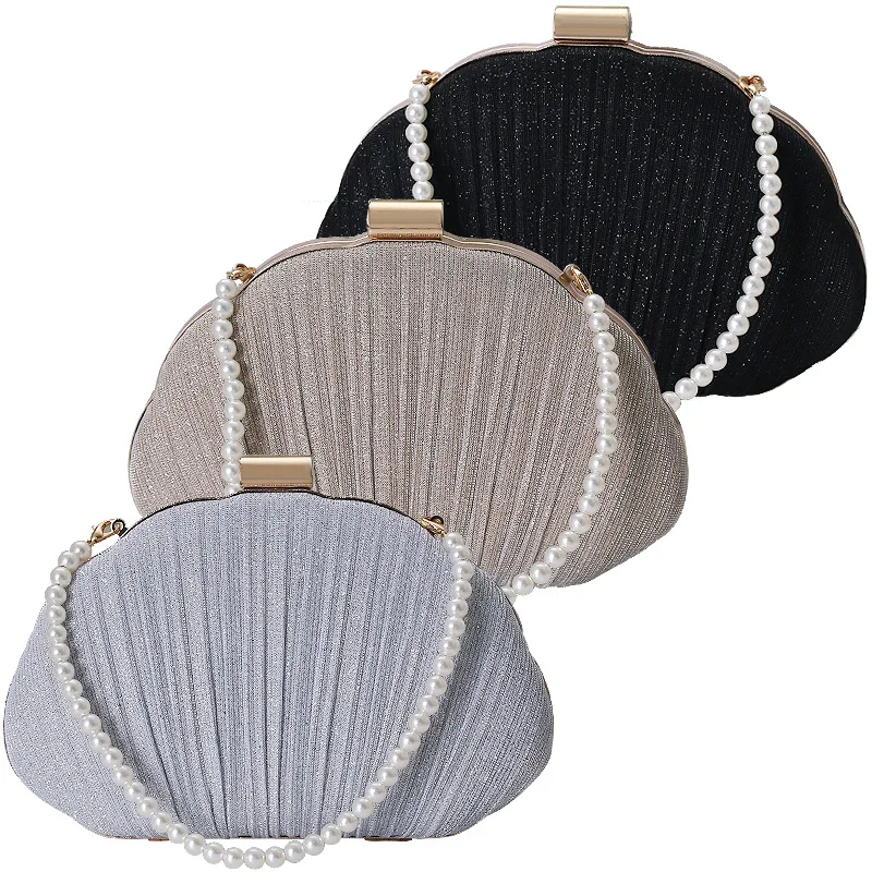 New Style Evening Bags Women 2023 Pleated Banquet Bag Ladies Handbag Shell Clutch Purse Pearl Handle Bags Over Shoulder Wallets