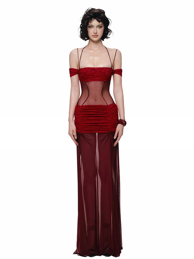 Sisterlinda Backless See Through Dress Women Sexy Halter Bandage Patchwork Sleeveless Slit Hem Slash Neck Fashion Party Vestidos