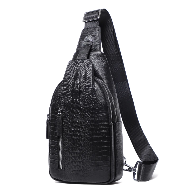 Male Crocodile Pattern Sling Bags New Men Chest Bag Cow Leather Messenger Bag Genuine Leather Chest Pack Casual Crossbody Bags