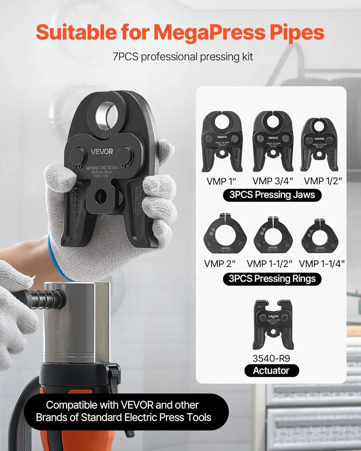 7PCS MegaPress Pressing Kit 1 2 to 2 3PCS Press Jaws 3PCS Press Rings 1PCS Actuator for MegaPress Carbon Steel Pipes