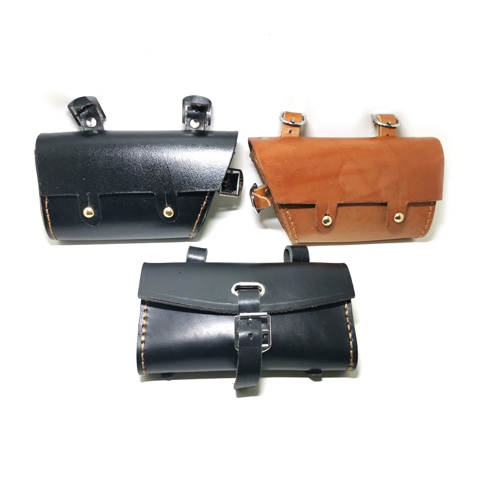 Retro Bicycle Hang Back Bag Handmade Pure Cowhide Saddle Bag Handlebar Bag Bike Equipment Brown Pure Leather ，Q364 view 2