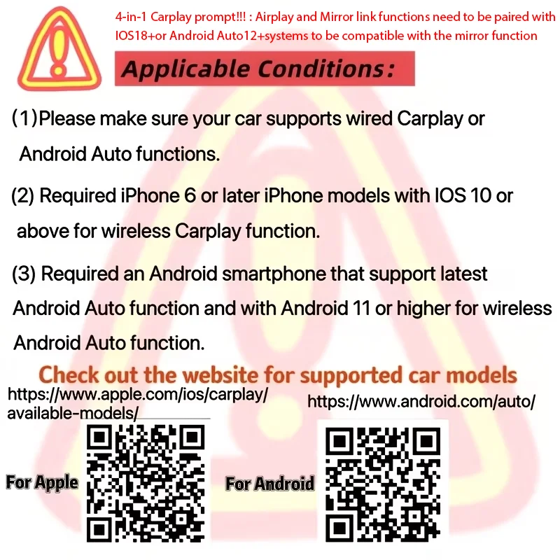 4-in-1 Wireless CarPlay Adapter, For iOS AirPlay and Android Auto Mirror Link, with LED Neon Voice Activated Breathing Light
