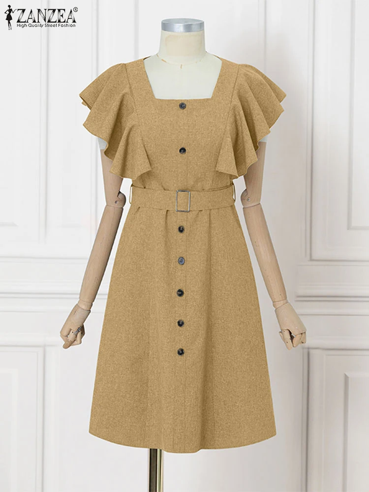 ZANZEA élégant femmes bureau dame robe été à manches courtes à volants robes décontracté couleur unie col carré fête Midi robe d'été
