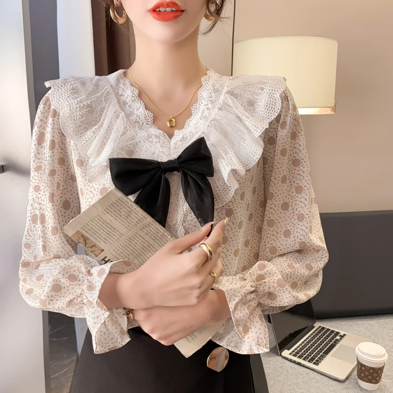 Luxury Polka Dot Blouse Women Autumn Chiffon Shirt Long Sleeve V Neck Lace Patchwork Tops Korean Chic Elegant Bow Tie Blouses