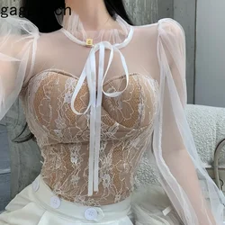 Sexy Blouse Woman Lace Bottoming Spring Summer Female Short New Chic Western Style Elegant Long-sleeved Mesh Top Shirt