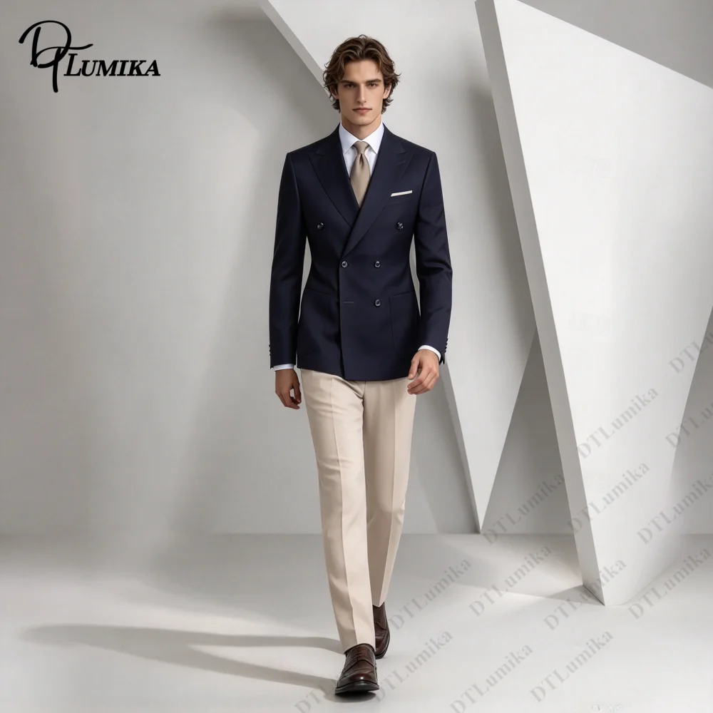 Bespoke Navy Mix Color Men Suit Double Breasted Blazer & Beige Trousers Custom Business Wedding Attire, Gentleman Formal Outfit