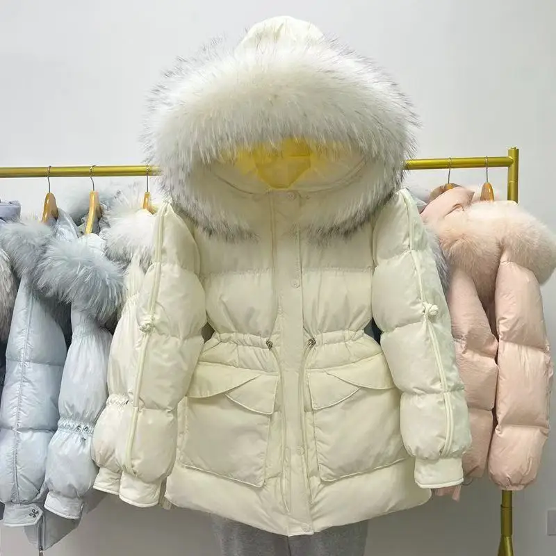 

2025 New Real Big Fur collar Down Jacket For Women Winter Thicken Adjustable Waist Hooded White Duck Down Coat Lady Warm Parka