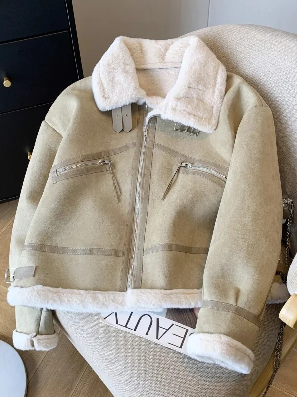Jaet da donna con collo in pelliccia di agnello scamosciata kaki 2025 Winter New Sle High-End Feel Tuta da motociclista intercata in pelliccia di pelle