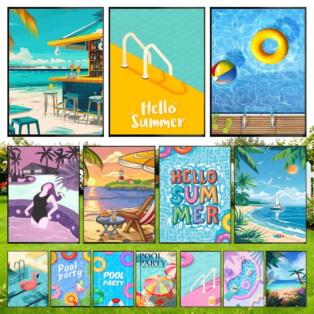 Summer Swimming Pool Themed Colorful Poster Neutral Even Coating Easy Peel Application Detailed Artwork Flat Appearance