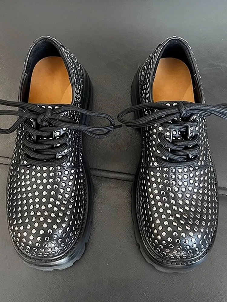 Punk Style Mens Rivets Studded Cowhide Genuine Leather Shoes Lace Up Thick Platform Wedding Party Dress Shoes Handmade Footwear