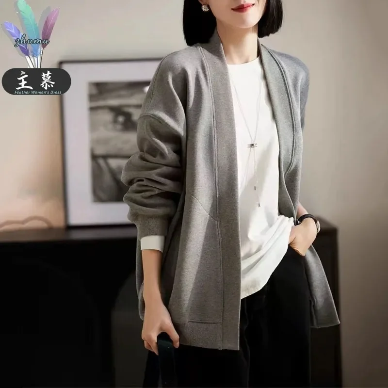 

2025 Spring New Fashionable Lazy Style, Slim and Versatile Style, Solid Color V-neck Hoodie, Cardigan Coat for Women