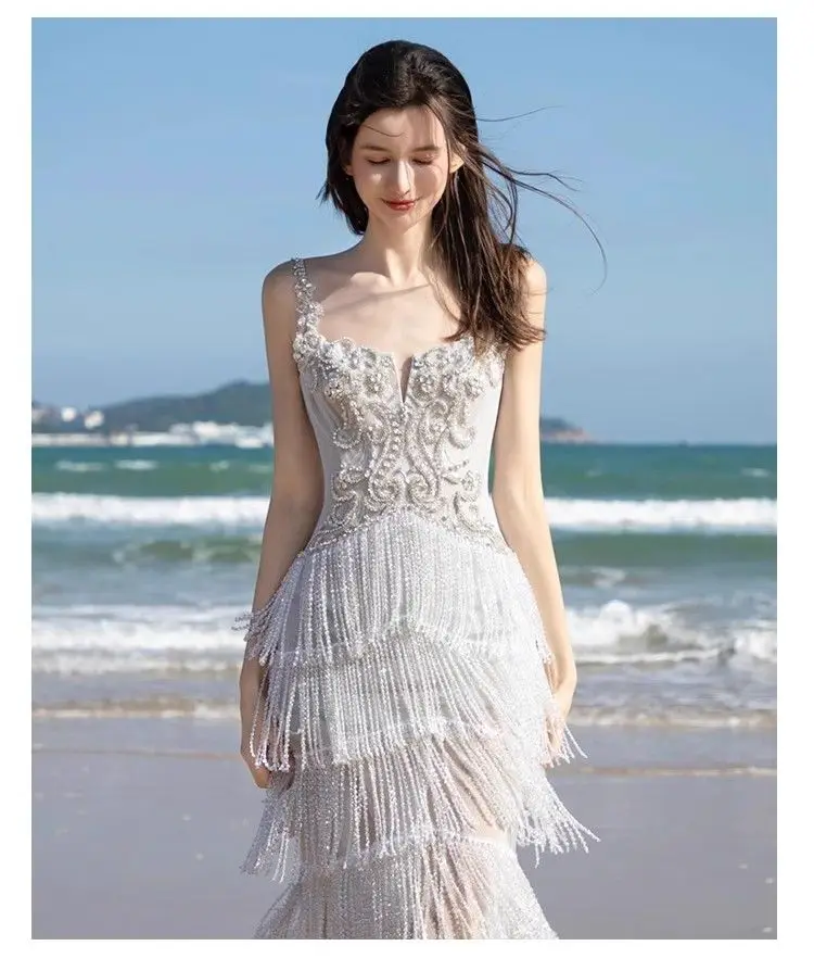 Ele prata vestido de noite feminino cinta borla luxo high-end noiva casamento dr ele sensação bola senhora anfitrião