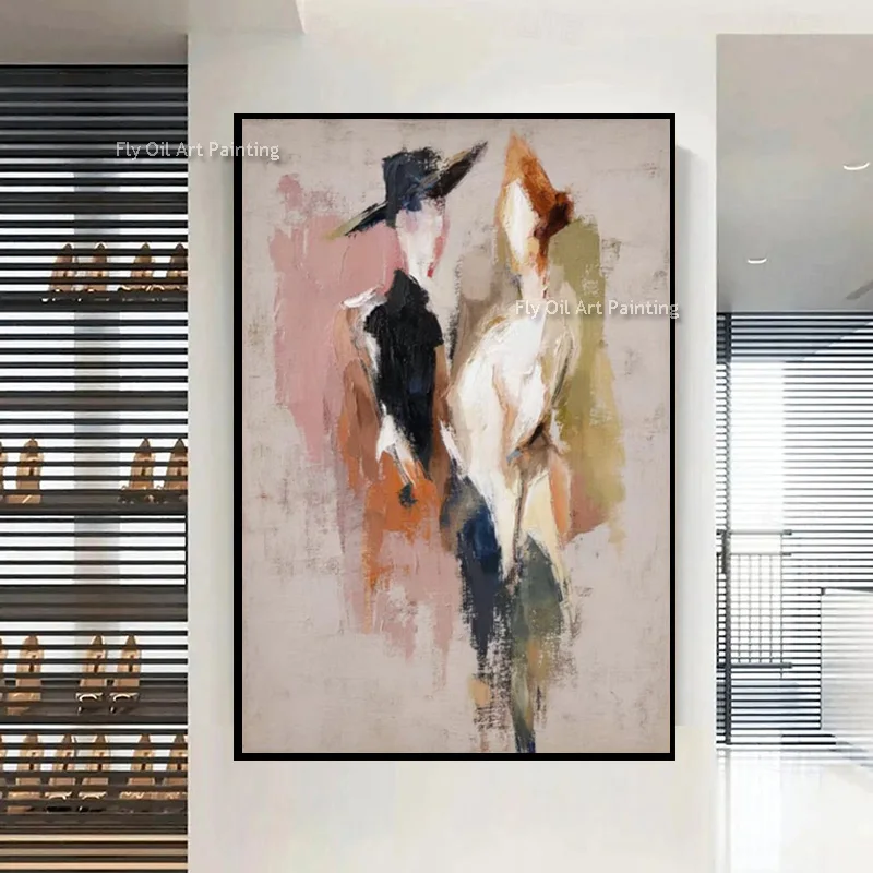 Abstract Simple Elegance Women Wear Black Dress Oil Painting Handmade Original Artwor Beige White Canvas Wall Art Decor