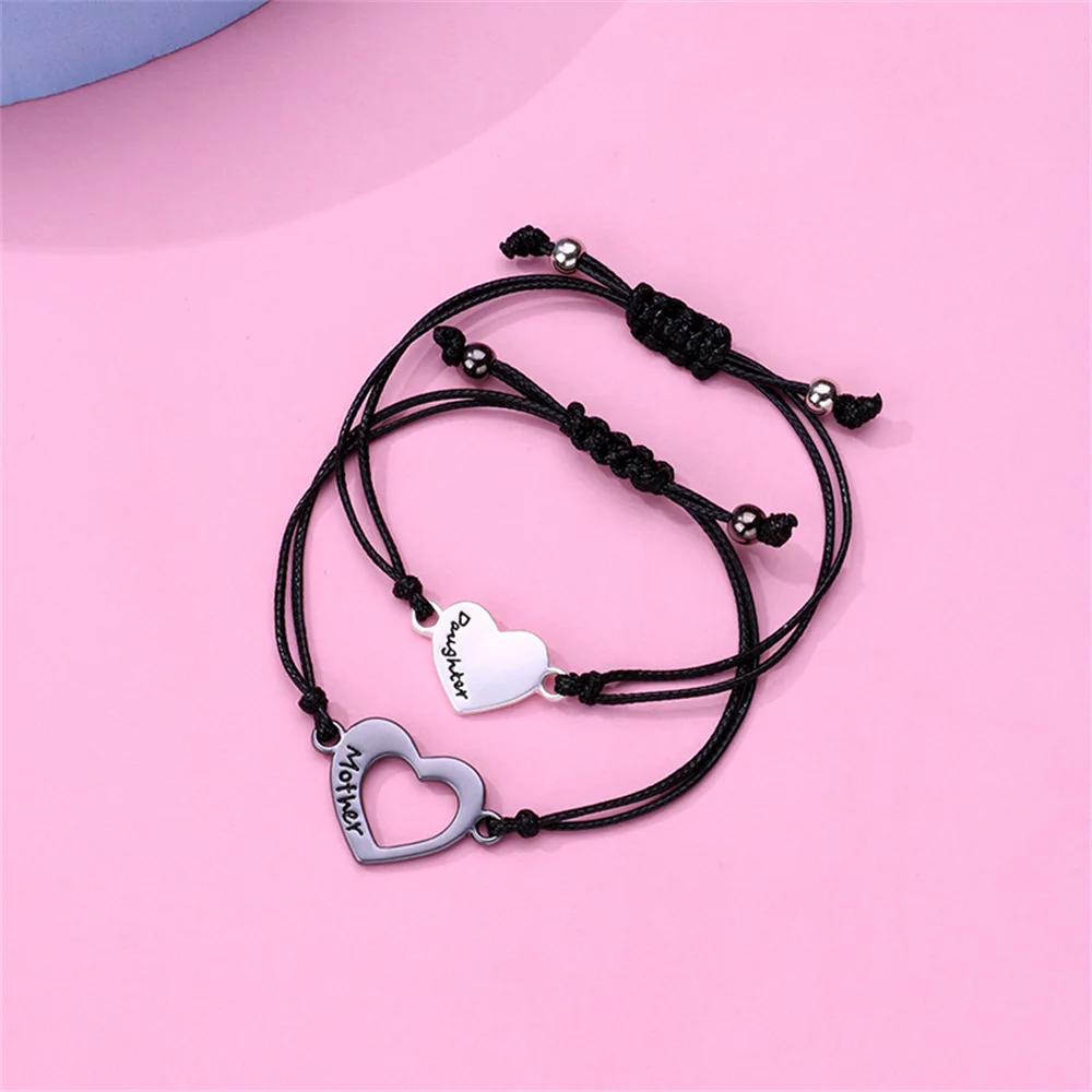 2Pcs Mother and Daughter Hollow Heart Braided Bracelet Adjustable Love Wrist Rope Bangle DIY Jewelry Accessories Festival Gifts