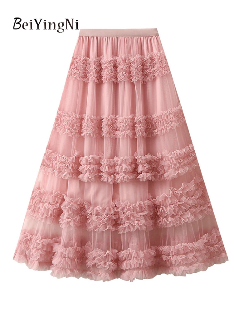 

Beiyingni Women High Waist Fluffy Maxi Skirt Plain Heavy Industry Lace Mesh A-line Long Faldas Female French Elegant Pink Skirts