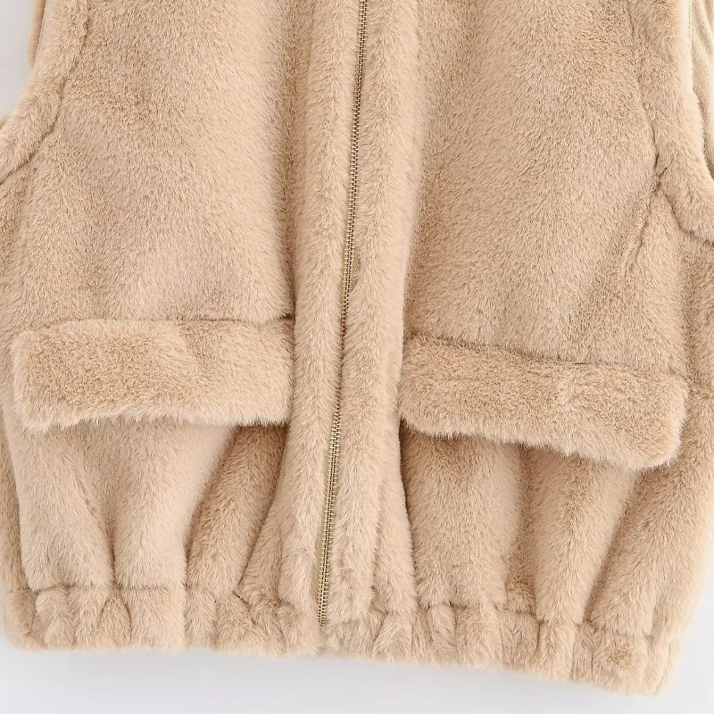 ZEMOREXMZ سترة نسائية أوروبية وأمريكية جديدة متعددة الاستخدامات برقبة دائرية بدون أكمام من الفرو الاصطناعي، سترة حرارية