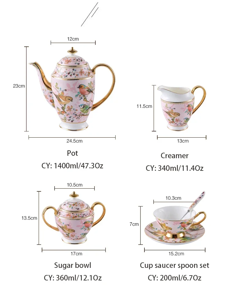 Pink Bird Bone China Coffee Set Porcelain Tea Set Advanced Ceramic Pot Mug Sugar Bowl Creamer Teapot Milk Jug Teaset Tea Cup Set