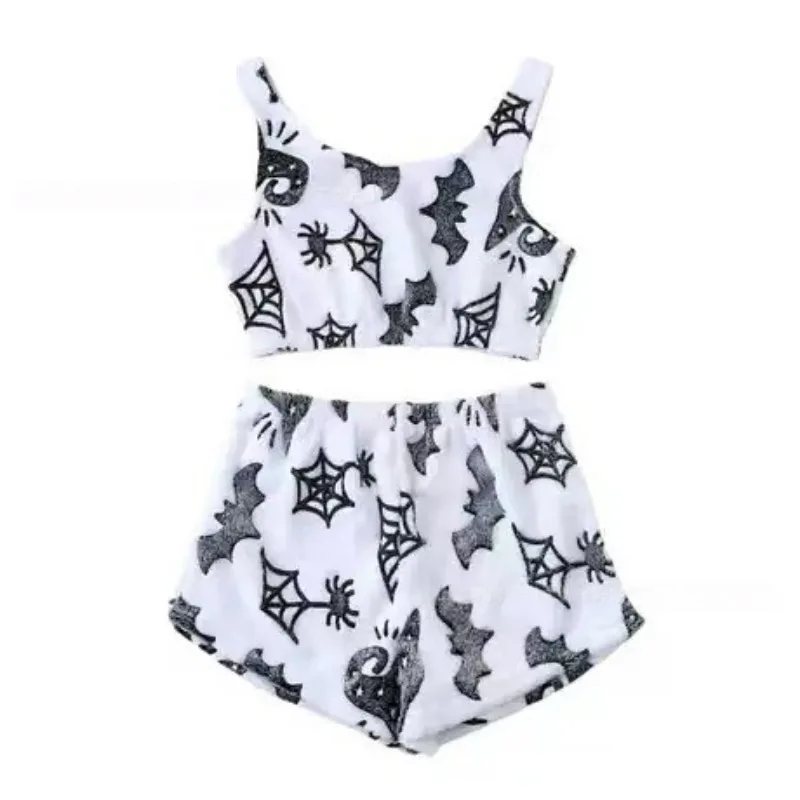 

Фланелевые пижамы на Хэллоуин с принтом тыквы, осень-зима, топ без рукавов с лямкой на шее, шорты, костюм, домашний пижамный комплект, граффити для женщин