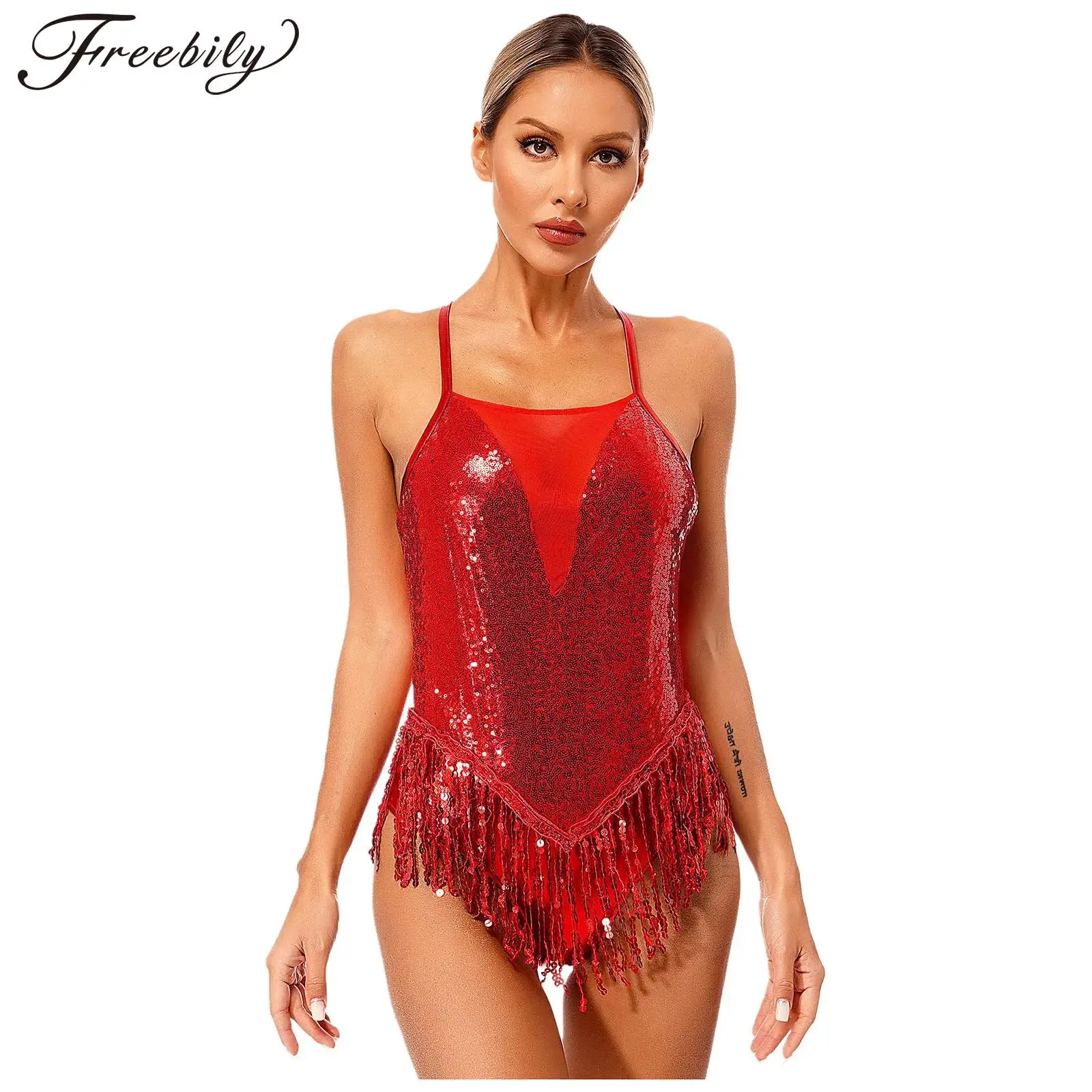 

Женское трико для латинских танцев, платье-ча, самба, румба, танго, костюм для катания на коньках, блестящий боди с кисточками и блестками, танцевальная одежда