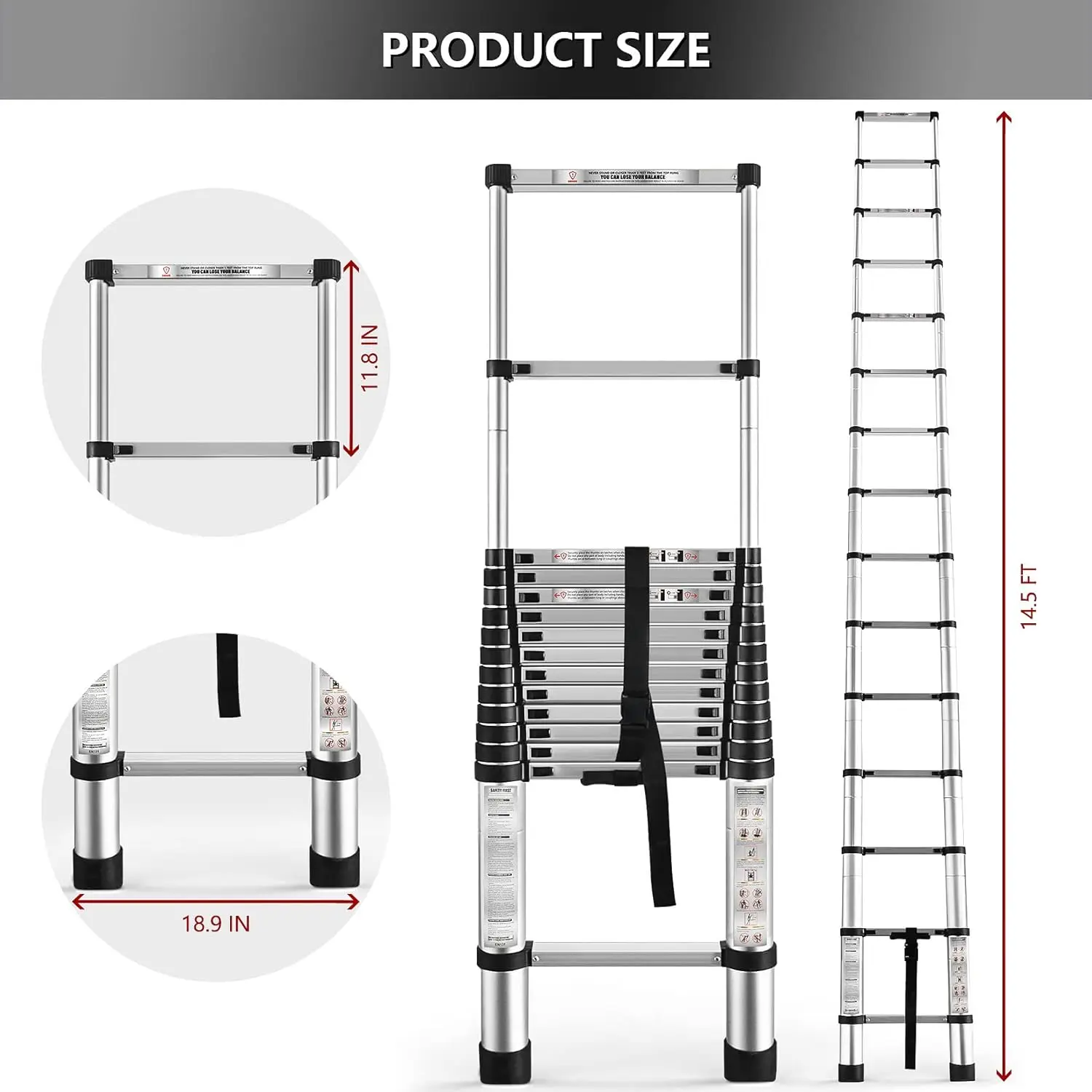 14.5FT / 4.4M Aluminum Telescopic Ladder Folding Step Inward Sliding Retraction Extension Ladder Multi-Use Non-Slip Collapsible