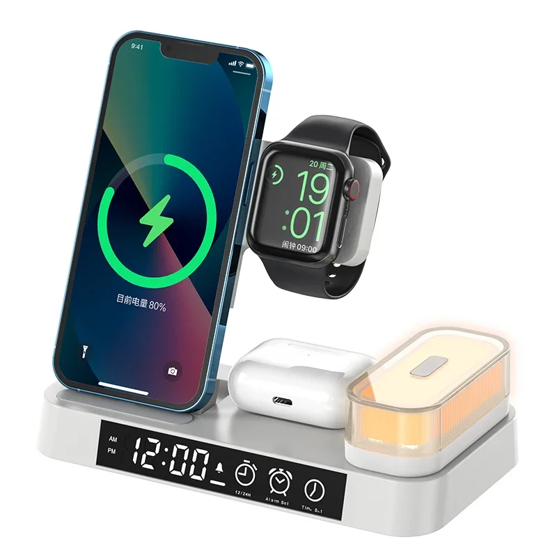 Newest 4 in 1 fast alarm clock Wireless Charger Stand Cell Phone Charging Holder Portable 3 in 1 wireless charger with lamp