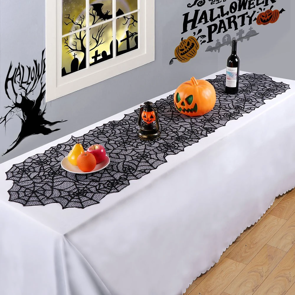 Halloween Tisch läufer schwarze Fledermaus Spinnennetz Spitze Tischdecke Kamin Vorhang für Halloween Party Dekoration Horror Haus Requisiten – Detail 3